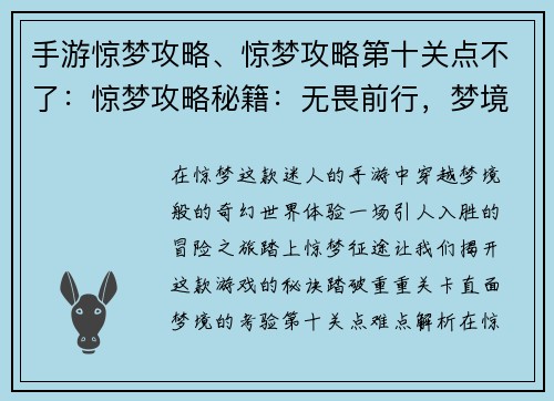 手游惊梦攻略、惊梦攻略第十关点不了：惊梦攻略秘籍：无畏前行，梦境征途