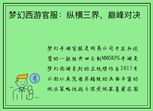 梦幻西游官服：纵横三界，巅峰对决