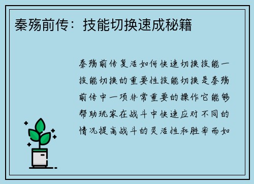 秦殇前传：技能切换速成秘籍